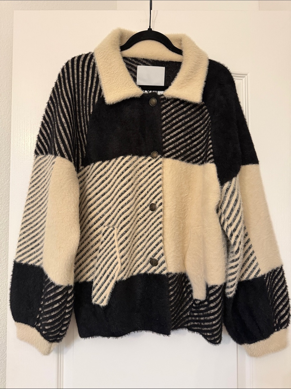NVLT Anthropologie Eyelash Fuzzy Plaid Bomber in Black & Cream